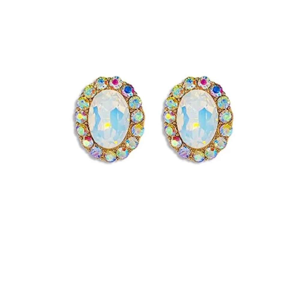 White Opal Pave AB Crystal Oval Earrings
